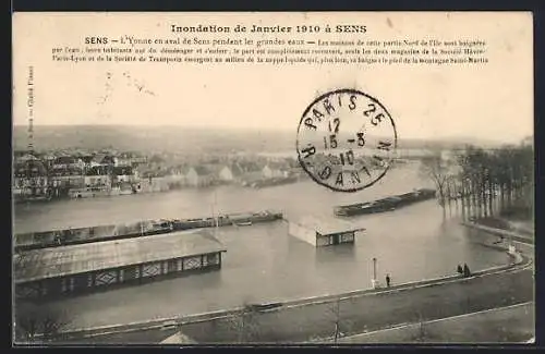 AK Sens, L`Yonne en aval de Sens pendant les grandes eaux, Inondation de Janvier 1910, Hochwasser