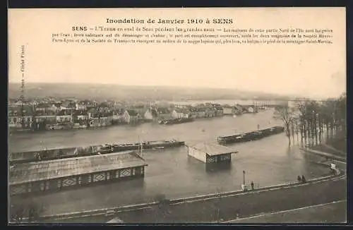 AK Sens, L`Yonne en aval de Sens pendant les grandes eaux, Janvier 1910, Inondation, Hochwasser