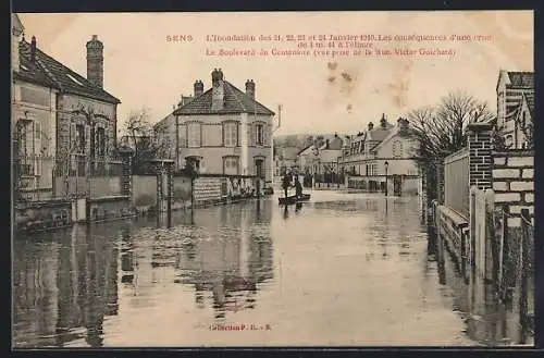 AK Sens, Le Boulevard du Centenaire, Inondation 1910, Hochwasser