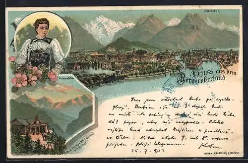 Lithographie Interlaken, Heimwehfluh, Frau in Tracht