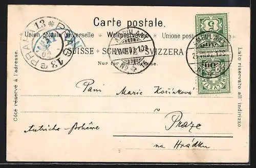 Lithographie Interlaken, Heimwehfluh, Frau in Tracht