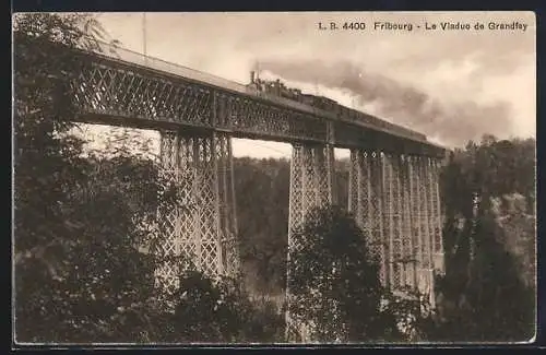 AK Fribourg, Le Viaduc de Grandfey, schweizer Eisenbahn