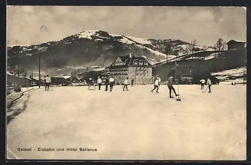 AK Gstaad, Hotel Bellevue von der Eisbahn betrachtet