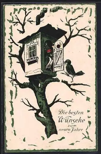 AK Zwei Vögel am Vogelhaus, Neujahrsgruss, vermenschlichte Tiere