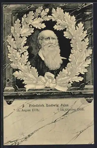 AK Friedrich Ludwig Jahn, Portrait im Eichenblattkranz