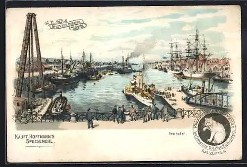 Lithographie Bremen, Freihafen mit Schiffen, Reklame Hoffmanns Speisemehl