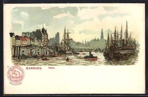 Lithographie Hamburg, Sicht in den Hafen