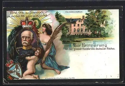 Lithographie Friedrichsruh, Fürst Bismarck, 1815-1898, Wappen