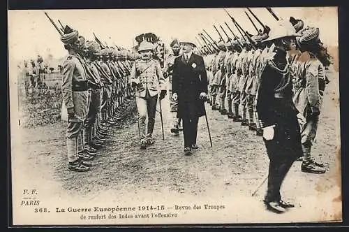 AK Indien, La Guerre Européenne 1914-15, Revue des Troupes de renfort des Indes anvant l`offensive