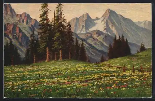 Ölgemälde-Imitations-AK Winand Elsmann-Verlag Nr. 1403: Alpenwiese mit Blumen