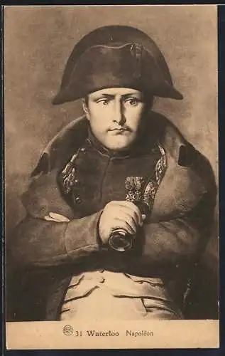 Künstler-AK Waterloo, Napoleon mit einem Fernglas