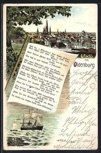 Lithographie Oldenburg / Oldenburg, Teilansicht mit Kirche, Segelschiff