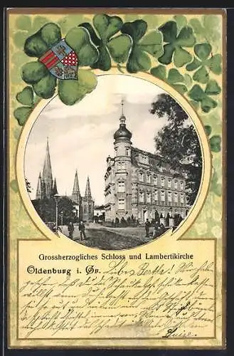 Passepartout-Lithographie Oldenburg / O., Grossherzogliches Schloss und Lambertikirche mit Kleeblätter-Passepartout