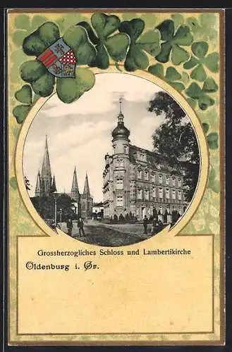 Passepartout-Lithographie Oldenburg / O., Grossherzogliches Schloss und Lambertikirche mit Kleeblätter-Passepartout