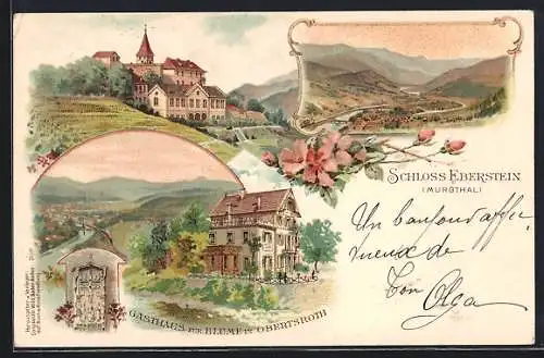 Lithographie Obertsroth, Gasthaus zur Blume und Schloss Eberstein