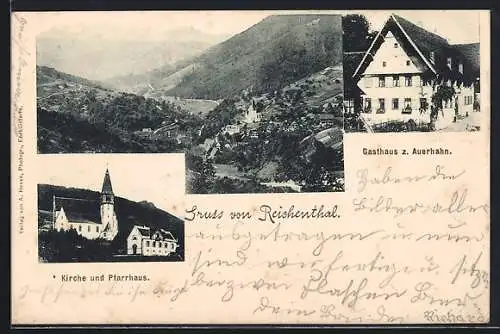 AK Reichental, Kirche und Pfarrhaus, Gasthaus zum Auerhahn