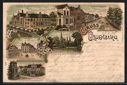 Lithographie Oldenburg / O., Langestrasse, Herbartstrasse