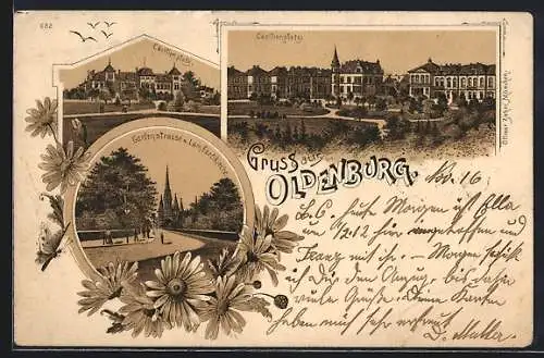 Lithographie Oldenburg / O., Cäcilienplatz, Gartenstrasse und Lambertikirche