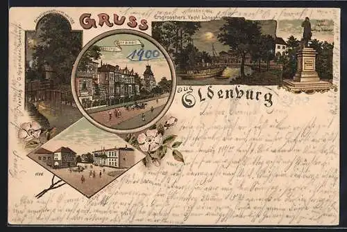 Lithographie Oldenburg / Grossh., Casino-Platz, Gottorp-Strasse, Befestigungsturm, Friedrich Ludwig-Denkmal