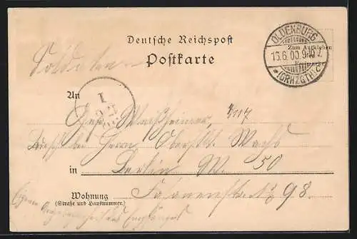 Lithographie Oldenburg / Grossh., Casino-Platz, Gottorp-Strasse, Befestigungsturm, Friedrich Ludwig-Denkmal