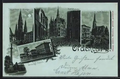 Mondschein-Lithographie Oldenburg / O., Lambertikirche, Grossherzogl. Palais, Rathaus