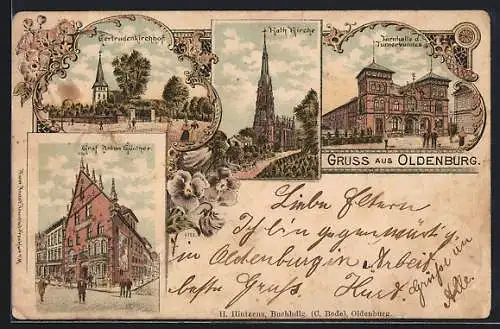 Lithographie Oldenburg / O., Turnhalle des Turnbundes, Gertrudenkirchhof, Graf Anton Günther