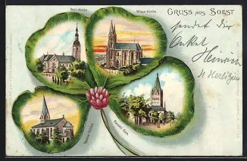 Passepartout-Lithographie Soest, Petri-Kirche, Wiese-Kirche, Thomae-Kirche & Patrokli-Dom in einem Kleeblatt