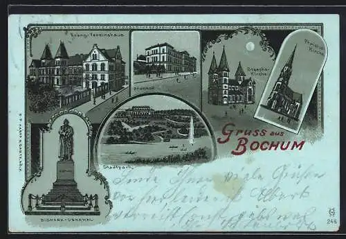 Mondschein-Lithographie Bochum, Evang. Vereinshaus, Bahnhof und Bismarck-Denkmal