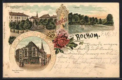 Lithographie Bochum, Haus des Dichters Kortum, Wilhelmsplatz mit Amtsgericht u. Kriegerdenkmal, Stadtpark