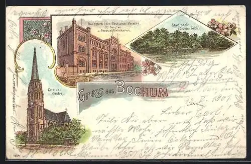 Lithographie Bochum, Hauptportal des Bochumer Vereins für Bergbau und Gussstahlfabrikation, Stadtpark und Christuskirche