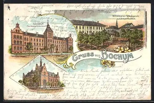 Lithographie Bochum, Gymnasium mit Bismarckdenkmal, Wilhelmsplatz mit Amtsgericht und Ständehaus