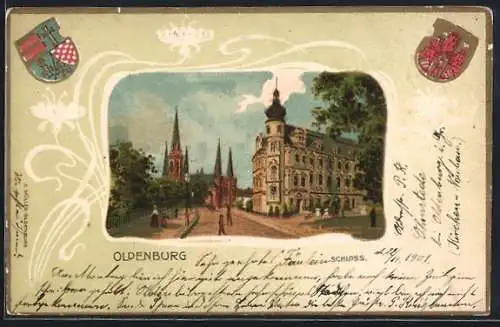 Passepartout-Lithographie Oldenburg / O., Strassenpartie am Schloss, Stadt-Wappen