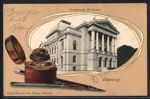 Passepartout-Lithographie Oldenburg / O., Grossherzogl. Hoftheater, Rahmen mit Schreibfeder