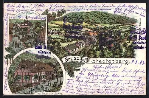 Lithographie Staufenberg / Murgtal, Schulhaus, Gasthaus zur Sonne, Merkur