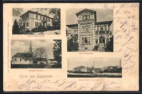 AK Gaggenau, Villa Amalienberg, Evang. Kirche und Eisenwerke Gaggenau