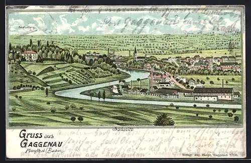 Lithographie Gaggenau, Ortsansicht mit Amalienberg von der Südseite