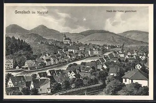 Künstler-AK Heinrich Kley: Gernsbach im Murgtal, Teilansicht der Ortschaft