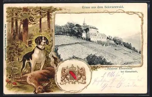 Passepartout-Lithographie Gernsbach, Schloss Eberstein, Rahmen mit Jagdhund und Reh