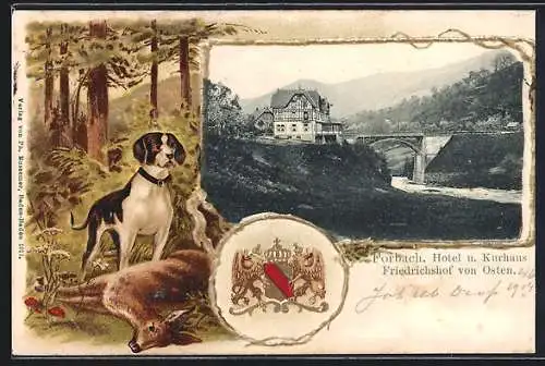 Passepartout-Lithographie Forbach, Hotel Friedrichshof von Osten, Rahmen mit Jagdhund und Reh