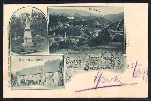 AK Forbach, Gasthof zur Krone, Kriegerdenkmal und Ortsansicht