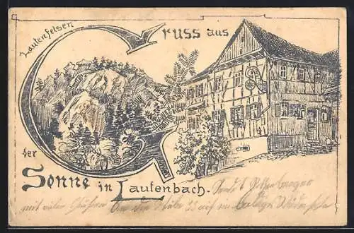 Lithographie Lautenbach / Murgtal, Gasthaus zur Sonne, Lautenfelsen