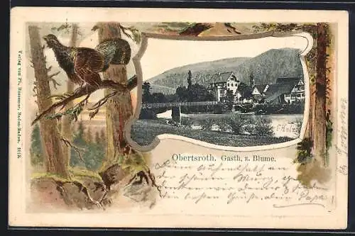 Passepartout-Lithographie Obertsroth, Gasthaus zur Blume, Rahmen mit Auerhahn