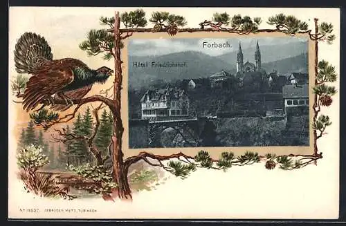 Passepartout-Lithographie Forbach, Hotel Friedrichshof und Kirche, Auerhahn auf einem Ast