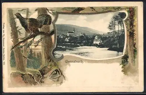 Passepartout-Lithographie Gernsbach, Teilansicht am Ufer, Rahmen mit Auerhahn