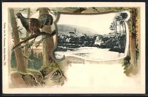 Passepartout-Lithographie Gernsbach, Teilansicht, Rahmen mit Auerhahn