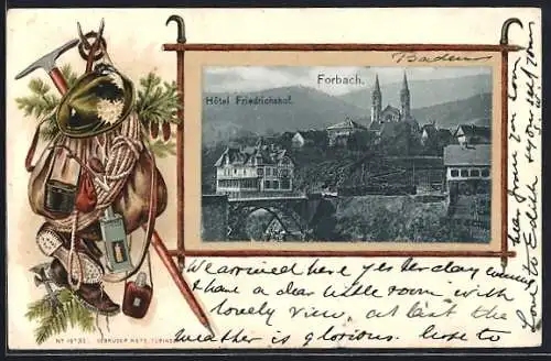 Passepartout-Lithographie Forbach, Hotel Friedrichshof, Rahmen mit Bergsteigerausrüstung