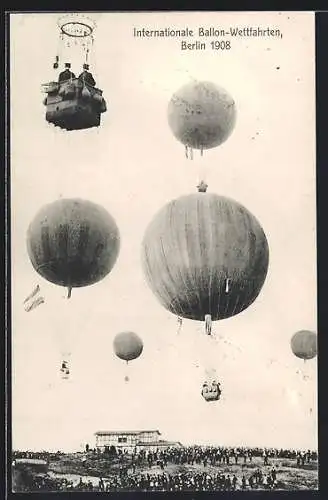 AK Berlin-Schmargendorf, Internationale Ballon-Wettfahrten 1908, Ballone kurz nach dem Start am Himmel