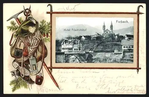 Passepartout-Lithographie Forbach, Teilansicht mit Hotel Friedrichshof und Kirche, Wander-Ausrüstung