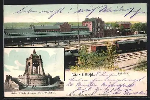 AK Löhne i. W., Kaiser Wilhelm-Denkmal, Porta Westfalica, Bahnhof