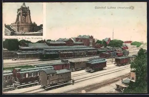 AK Löhne /Westf., Bahnhofsanlage mit Zügen, Denkmal Porta Westfalika